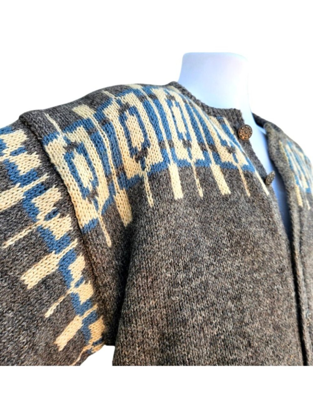 Vintage Hand Knit Nordic Wool Cardigan Gray Geometric Unisex XL - Picture 9 of 15